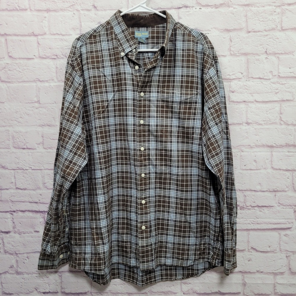 VTG Duck Head Classic Brown Blue Plaid Button Shirt Men XL Corduroy Collar Cabin